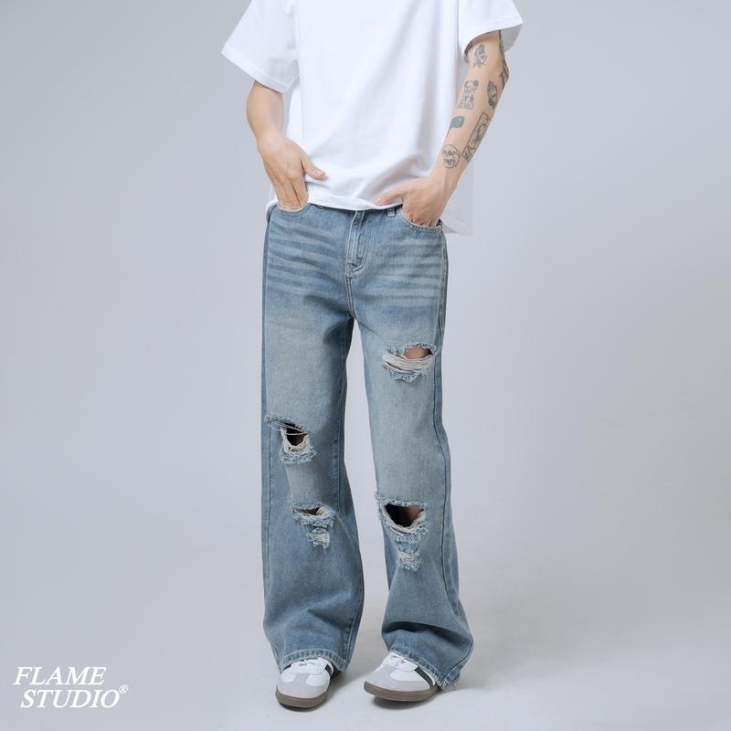 " RIPPED BLUE “ BAGGY DENIM - QUẦN BAGGY NAM MÀU XANH RÁCH Menswear jeans  suong 2