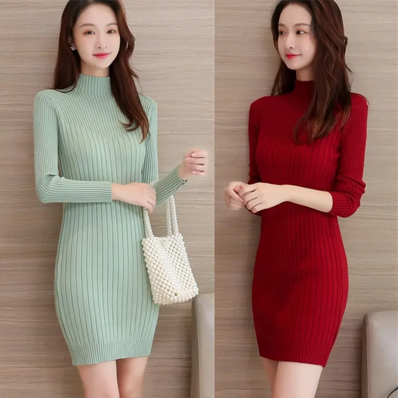 Váy Nữ, Dài Trung Bình Váy Len Cổ Mock, Vỏ Bó Len Ôm Sát Bên Trong, Dành Cho Nữ 4
