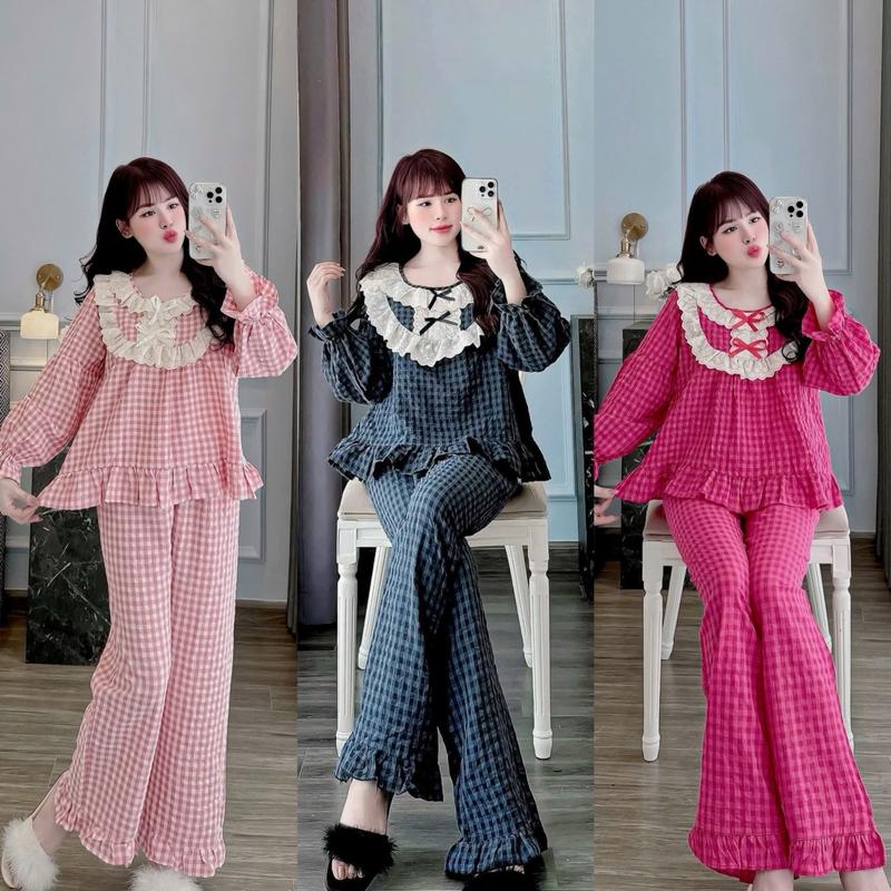 Bộ đồ Mặc nhà Kẻ caro Ren bèo 2 lớp Chất Đũi Thô tiểu thư cho Nữ DD65 Sammy - Quần Ngủ Nữ - Women 0