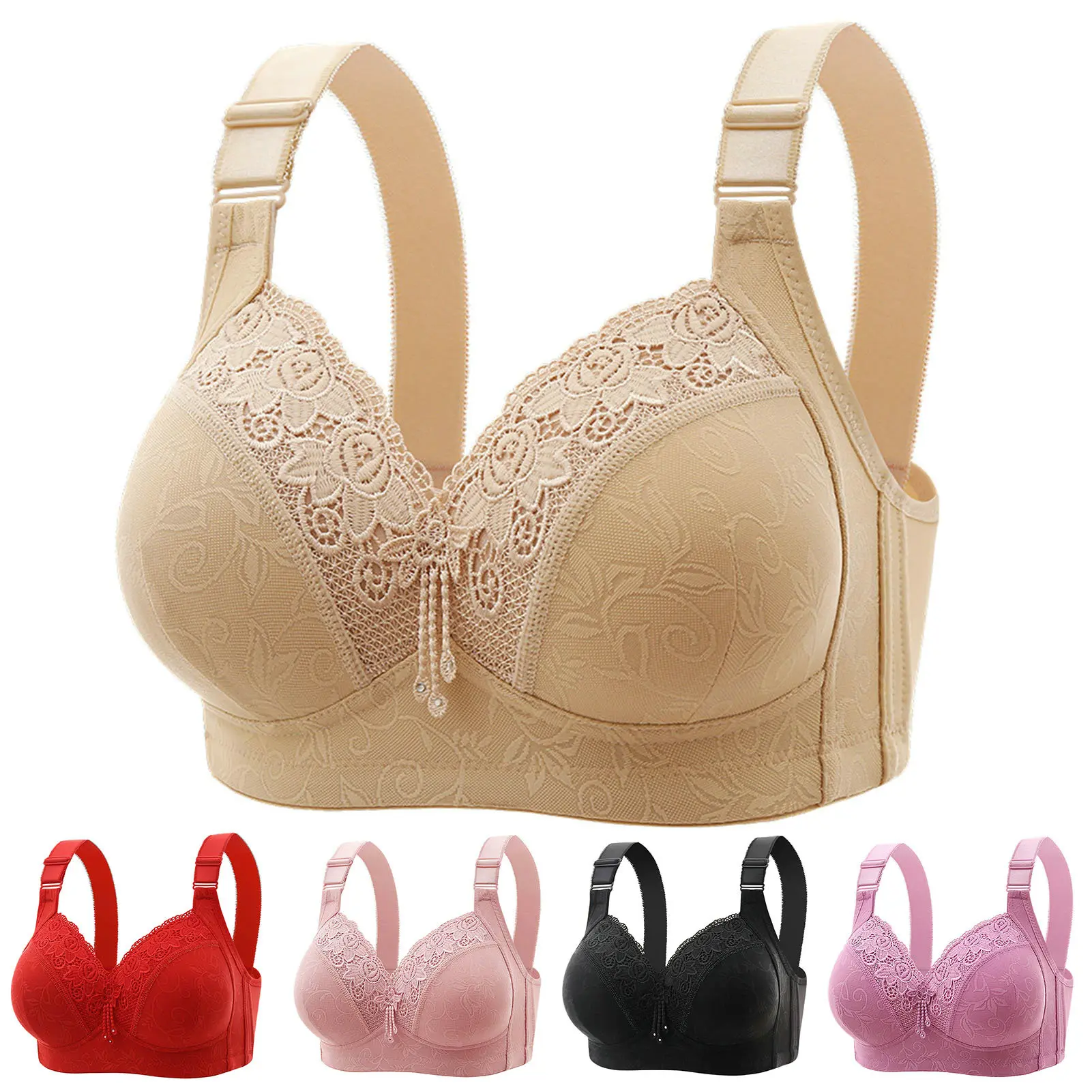 Women Sexy Padded Wireless Large Size Bra B/C Cup Push-Up Bra Thin Section Four Rows of Buckle Lace Stitching Brassiere