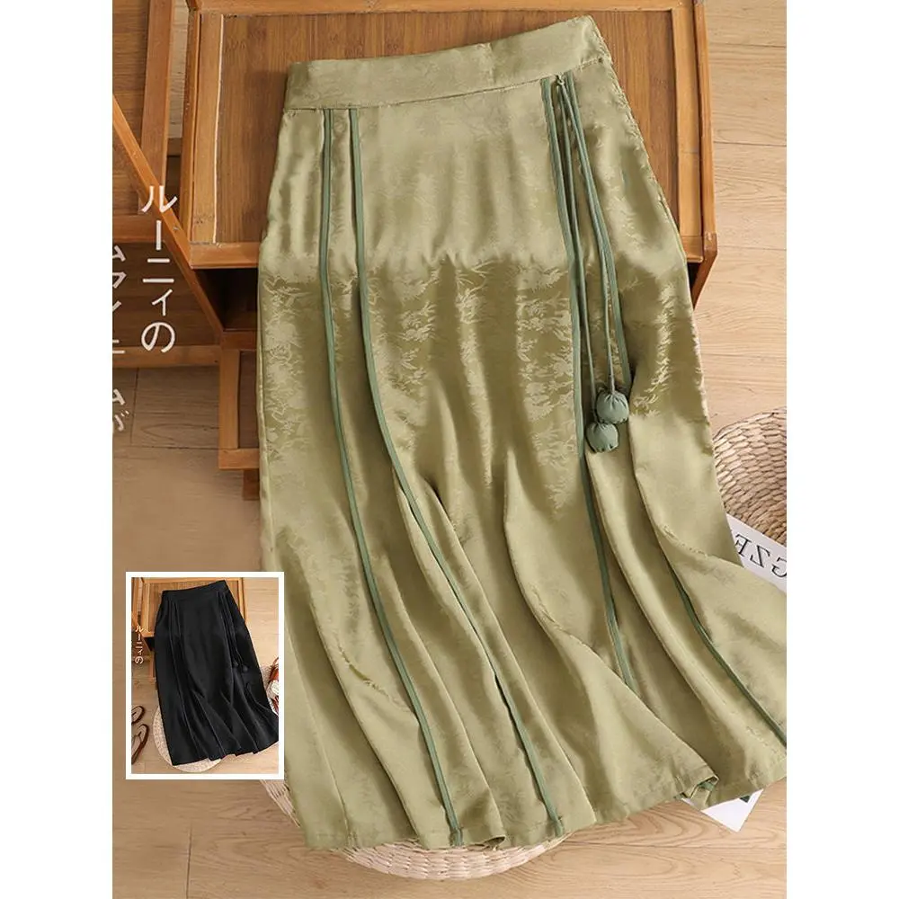 New Chinese Jacquard Satin Skirt 2024 High Waist Temperament Versatile Retro Elastic Waist Midi Skirt Womenswear Bottom