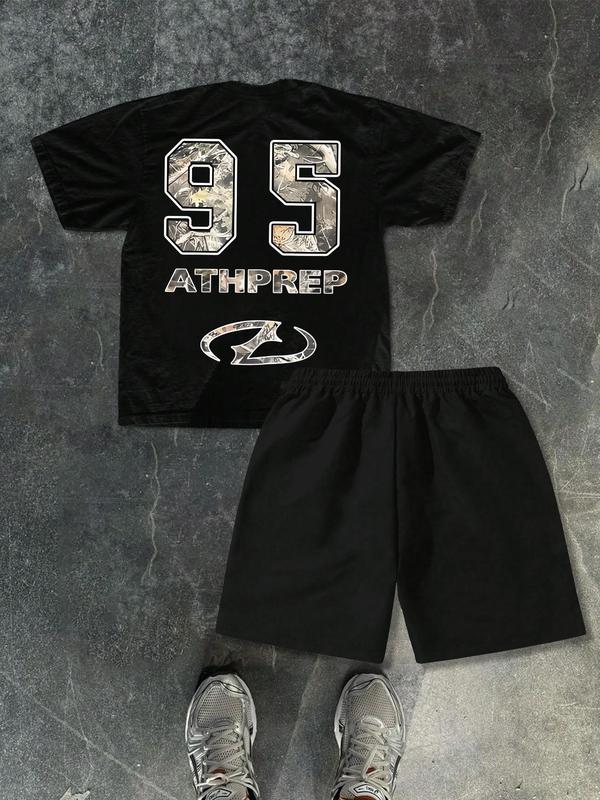 Men's Cartoon Print Tee & Tree Branch Print Shorts Two-Piece Set, Regular Fit Casual Street Short Sleeve T-Shirt & Shorts, Men's Summer Clothes 1