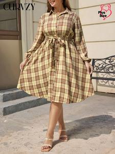CURVZY Plus Size Plaid Print Button Front Autumn Aesthetic Belted Shirt Dress, Elegant Bishop Sleeve Collared A Line Dress for Daily Outdoor Wear, Women Plus Clothing for All Seasons
