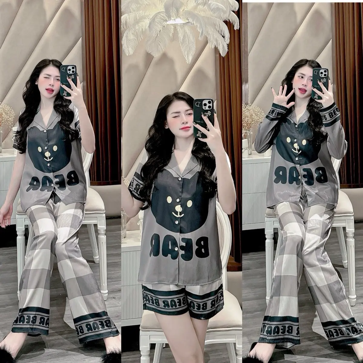 Bộ đồ Pijama Gấu Bear in full Lụa gấm xước ánh kim cho Nữ Dễ thương xinh xắn DCD12 Sammy
