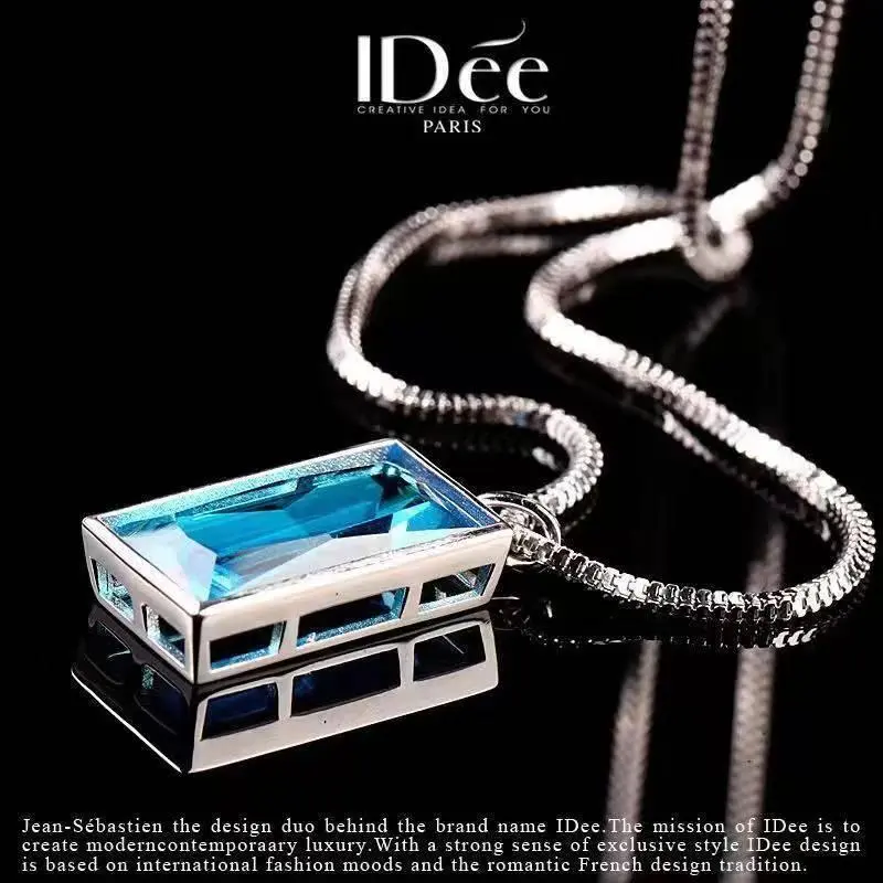 Mặt Dây Chuyền Nam, Đá Topaz Tự Nhiên, Đá Quý Hình Vuông Màu Xanh Dương 49,4 Karat, Vòng Cổ, Mạ Bạc Sterling 925, Mạ Bạch Kim 18K 4