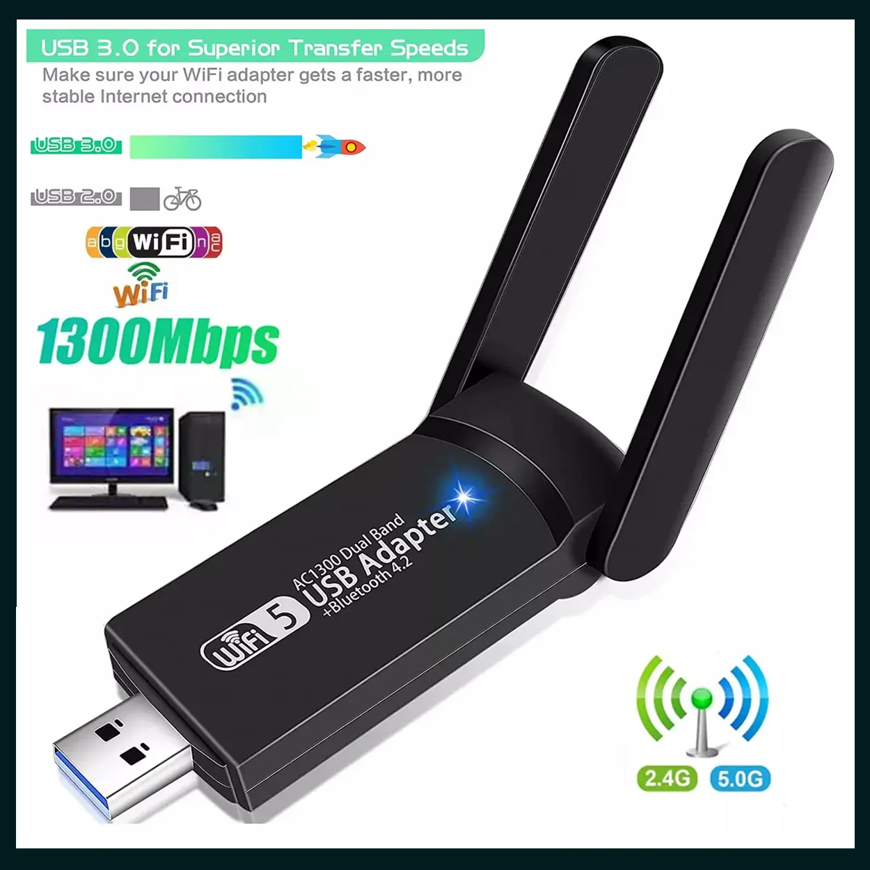 USB WiFi Bluetooth Adapter, 1300Mbps Dual Band 2.4/5Ghz Wireless Network External Receiver, Mini WiFi Dongle for PC/Laptop/Desktop