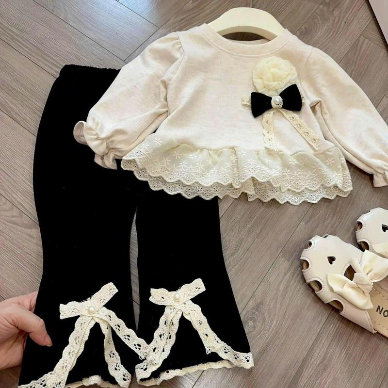Bộ quần áo dài tay thu đông, chất liệu len thỏ dày họa tiết hoa nơ tay bèo cho bé gái size 6-16kg