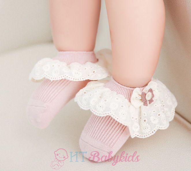 Tất Cho Bé Gái Thêu Rên 100% Len Cotton Chống Trơn Trượt Hàng Xuất Nhật Tất Trẻ Em Từ 0- 12 Tuổi 2