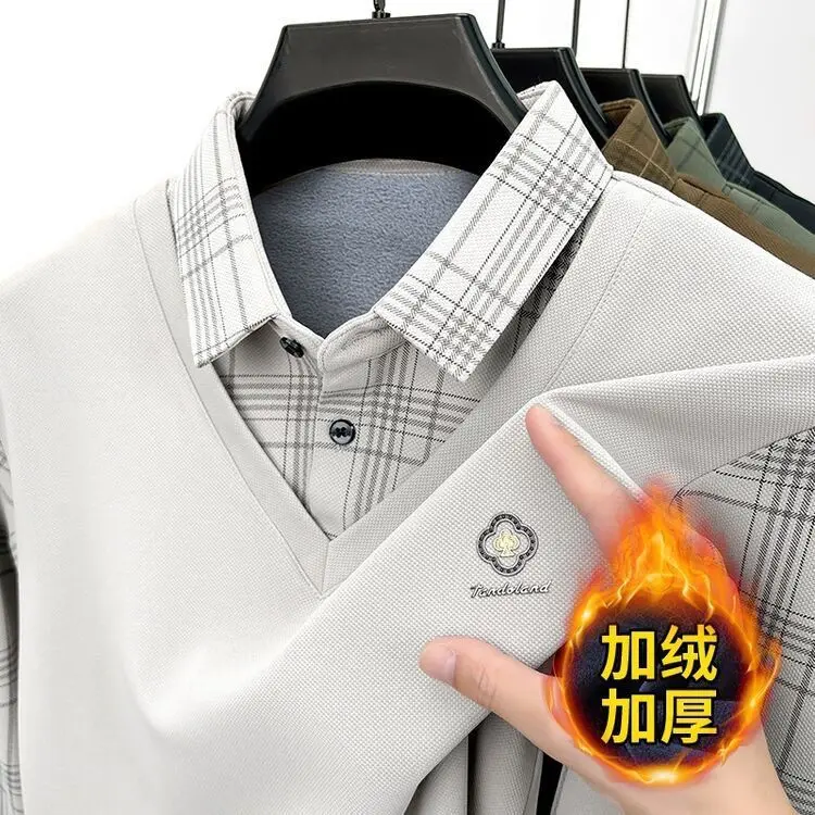 Boutique Men's New Clothes High-End Plaid Fake Two Pieces Men's Winter Fleece-Lined Lapel Leisure Middle-Aged Undershirt Dad Women