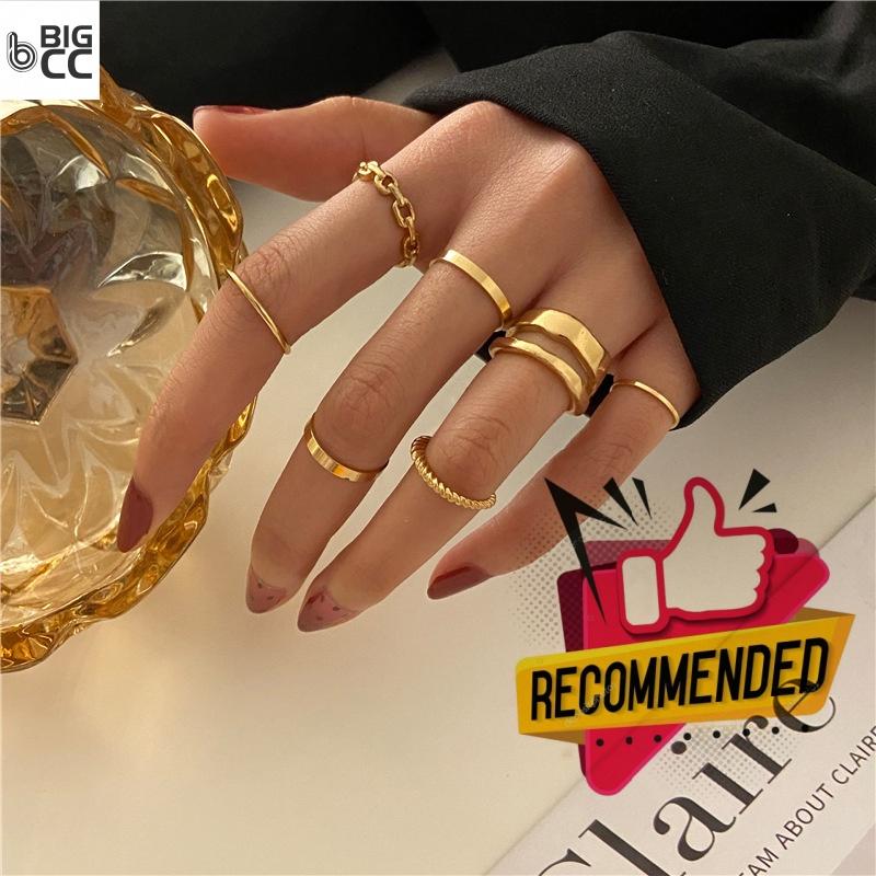 BIG CC 7pcs Golden Alloy Rings for Women Simple Wavy Ring Se - TikTok ...