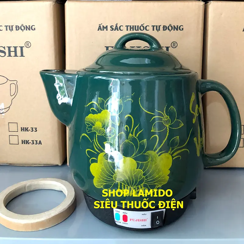 ấm sắc thuốc điện GỐM SỨ BÁT TRÀNG Fujishi 3.2 lít HK-33B - [ XANH LỤC] - siêu thuốc điện nấu tự động ngắt Ấm Siêu Tốc Ấm Đun 0