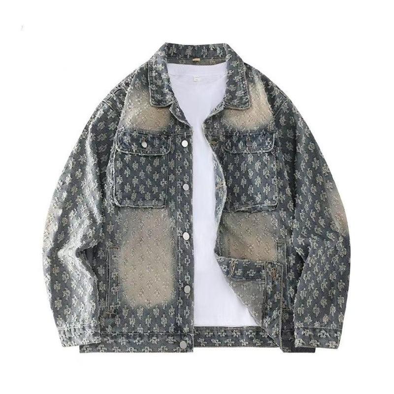 Áo Khoác Denim Mỹ, Phong Cách Jacquard Cổ Điển, Unisex, Thích Hợp Cho Mùa Xuân Và Mùa Thu, Phong Cách Cặp Đôi, Thiết Kế Cổ Điển Cao Cấp, Ngầu Và Dáng Rộng Vừa Vặn, Áo Khoác Thường Ngày 1