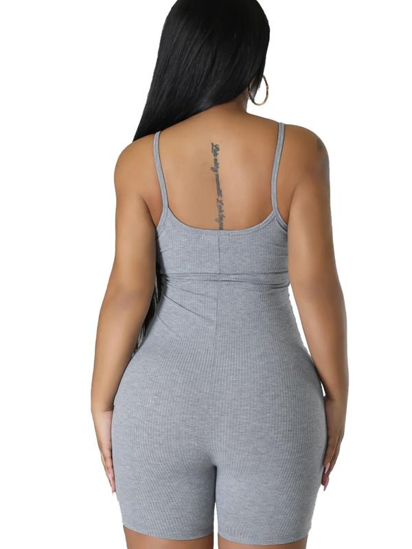 Women's Solid Color Notched Neck Cami Ribbed Romper, Casual Basic Spaghetti Strap Sleeveless Skinny Romper for Summer, Ladies Clothes for Daily Wear 3