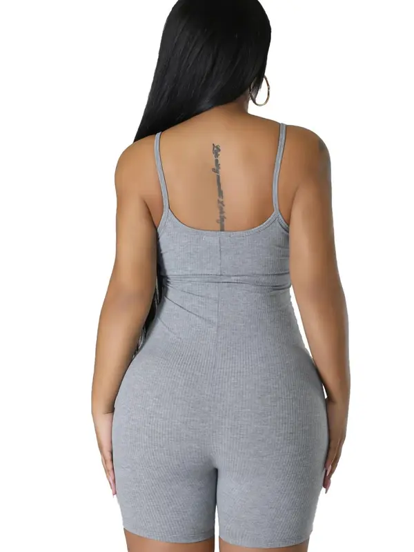 Women's Solid Color / Heart Print Notched Neck Cami Ribbed Romper, Casual Basic Spaghetti Strap Sleeveless Skinny Romper for Summer, Ladies Clothes for Daily Wear 7