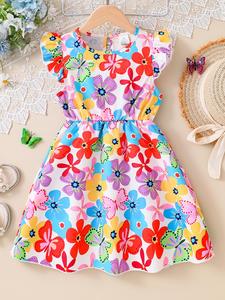 Vestido de niña con estampado floral y adorno de olán, vestido sin mangas casual para verano, ropa para niñas para uso diario