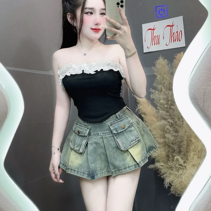 ÁO ỐNG CÚP PHỐI BÈO CÓ KÈM MÚT ĐỆM PHÍA SAU ĐI DÂY KHOÁ Nữ FOM CROPTOP DƯỚI 52kg 5