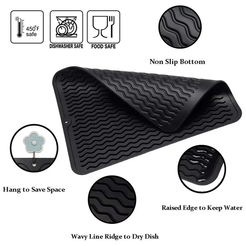 Silicone Tableware Drying Mat, Heat Resistant Non-slip Placemat, Kitchen Countertop Protector, Kitchen Accessories for Home Use 5