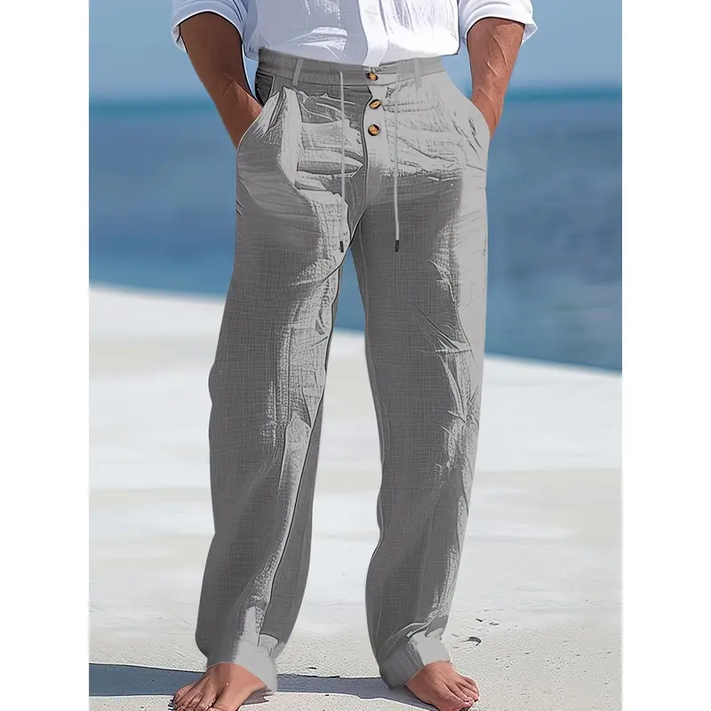 Men's Lightweight Linen Beach Pants -, Straight Leg, Solid with Drawstring Waist & Button Details for Spring/Summer Casual Wear, Outdoor Leisurewear |   Comfortable Leisurewear 5