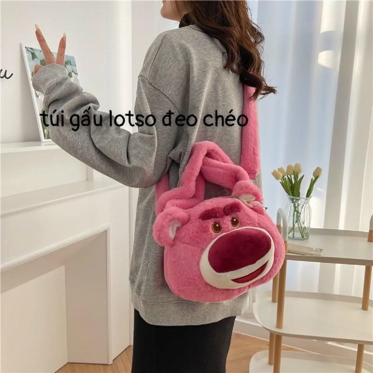 [ Tặng kèm ví gấu]Túi tote gấu dâu đựng nhiều đồ lông mềm mịn cho Nữ đi chơi đi du lịch dễ thương cho nữ Bag Kem Nhung