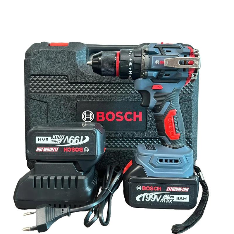  Máy khoan bosch 199v 10mm 3 chức năng có búa đầu auto lock  chân pin phổ thông tặng 25 món phụ kiện 