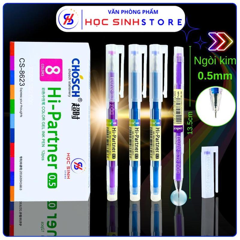 Hộp 12 Cây Bút Gel Chosch CS-8623 Ngòi Kim Nhỏ 0.5mm (Mực Xanh/Tím), Bút Gel CHOSCH 8623 luyện chữ đẹp, màu mực đậm, nhanh khô - gel pen, but gel