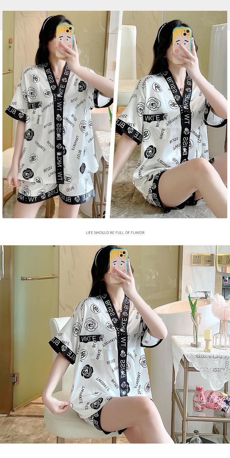 Product Introduction of Women's Pajamas 2022 New Summer Thin Ice Silk Cardigan Camellia Set Short Sleeve Cartoon Princess Style Loungewear 6