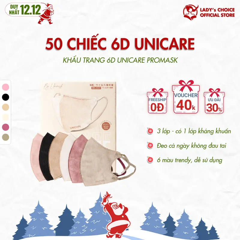 [TRỢ GIÁ HÔM NAY] UNICARE 6D (Thùng 50) Khẩu Trang Promax Cao Cấp Không Đau Tai, Chống Nước, Chống Tia UV, Phụ Kiện Che Mặt 0