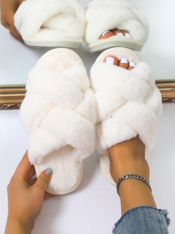 Women's Fashionable Plain Criss Cross Design Soft Slippers, Simple Design Warm Plush Slippers for Fall & Winter 6