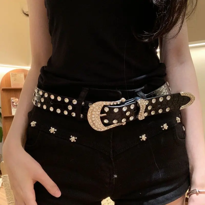 Thắt Lưng Sáng Bóng, Phong Cách Gothic Và Công Nghiệp Nặng Harajuku Kim Cương Giả Y2g, Dễ Phối Đồ, Thích Hợp Cho Văn Hóa Châu Á, Cô Gái Nóng Bỏng, Punk, Phong Cách Tối Màu, Thắt Lưng Thiên Niên Kỷ Hoa