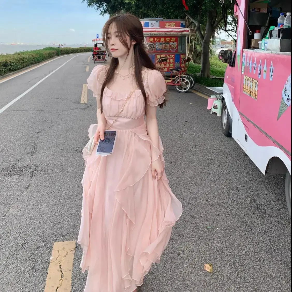 Misty Frost White French Fairy Waist-Tight Temperament Dress Female  Temperamental Fairy High Sense Princess Chiffon Dress Sun Protection