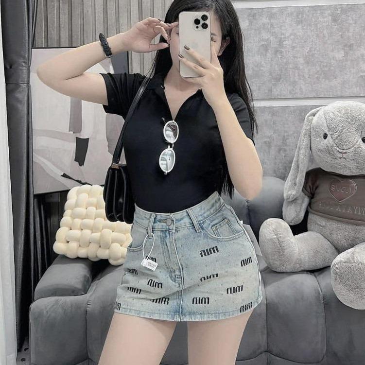 Chân Váy Jean Nữ Thêu Chữ MIN + Đính Đá Bling Bling