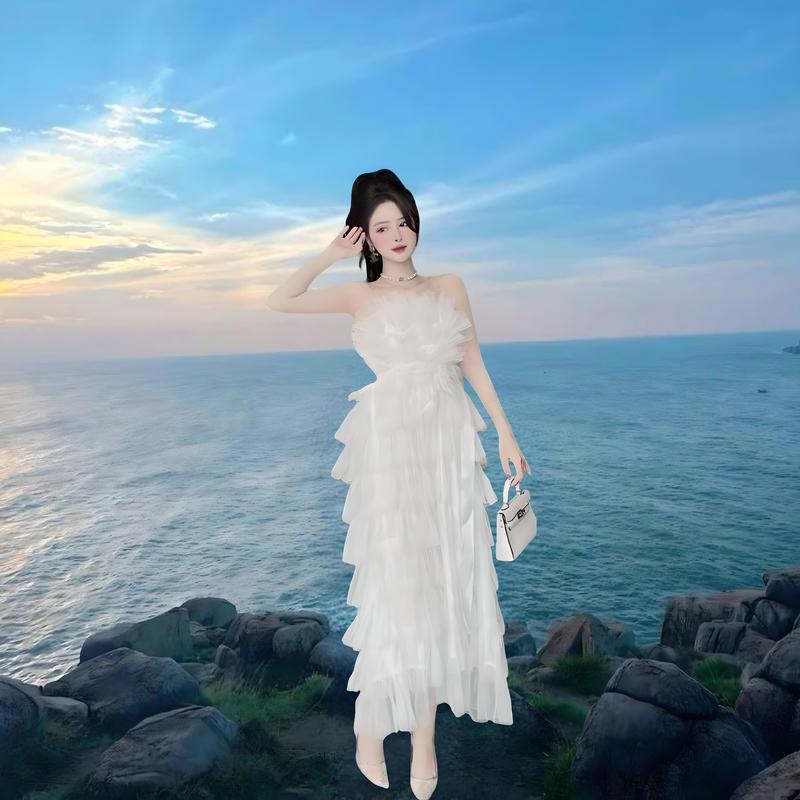 Đầm tầng lưới 2 dây có mút sang chảnh - Thời Trang TIX đơn nữ váy trắng kem voan trắng Nhung Women Voi Dress Màu Trắng promdress katie 2