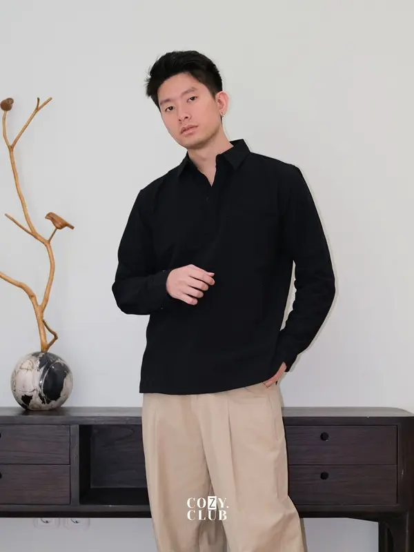 COZYCLUB Linen Longsleeve Polo | Kaos Kerah Pria Linen Lengan Panjang | 191 4