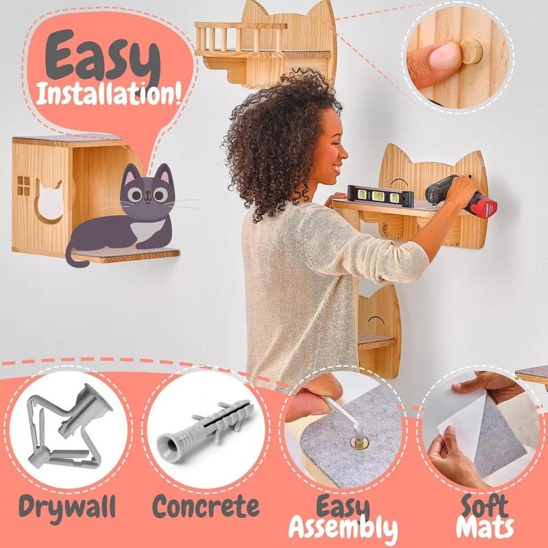 Product Introduction of IDAE Cat Wall Shelves Set of 9, Cat Wall Furniture for Large Cats - Modern Cat Shelves and Perches, Wall Mounted Cat Climber wit 6