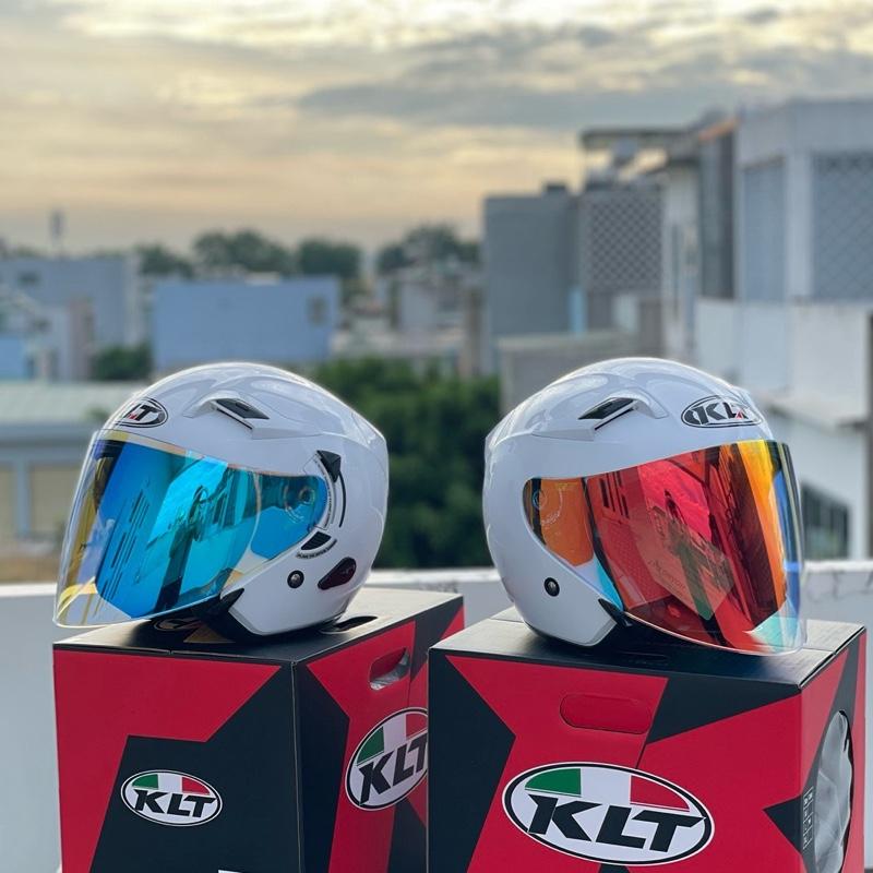 ( Tặng khăn ninja và logo KYT)  Mũ nón bảo hiểm 3/4 2 Kính KLT màu Trắng bóng chính hãnġ 2025 Helmet