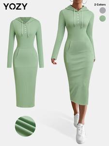YOZY Women's Plain Drawstring Button Front Hooded Dress, Casual Long Sleeve Kangaroo Pocket Ribbed Midi Dress for Daily Wear, Ladies Clothes for Spring & Fall