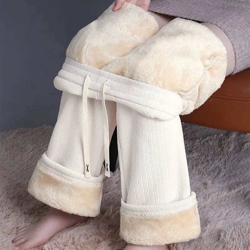 Quần Ống Rộng, Lót Lông Cừu, Dày Dặn, Quần Cashmere Mùa Thu Và Mùa Đông Cho Nữ, Hàng Mới Về, Quần Thường Ngày Ống Đứng Lông Cừu Dáng Rộng 0