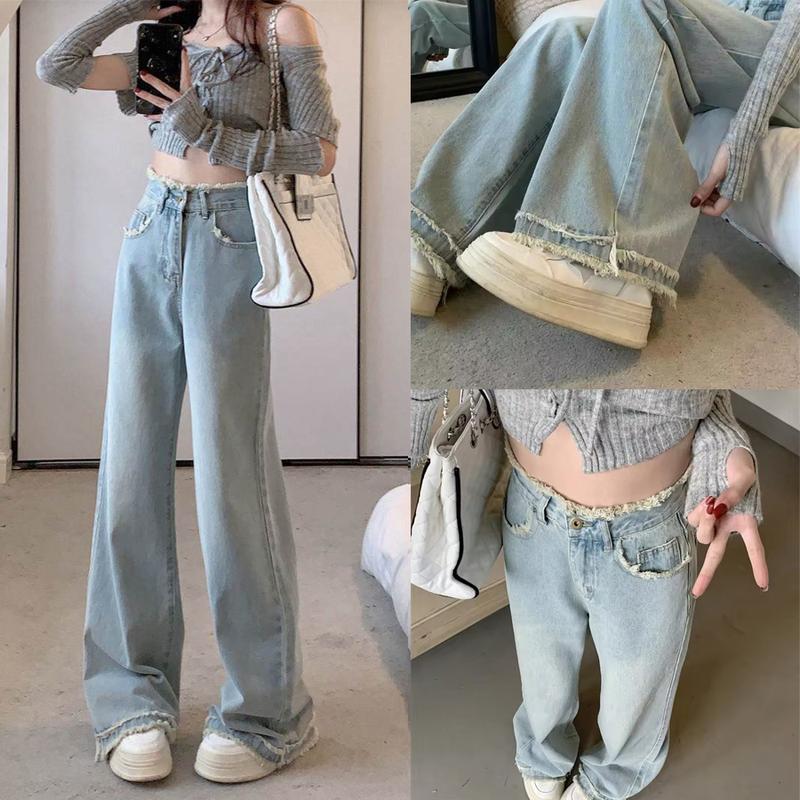 Quần Jean Nữ Ống Suông Rộng Hack Dáng Thiết Kế Tua Cạp Gấu Phong Cách - Jean TT Pants Denim Xanh Nhạt Women Baggy