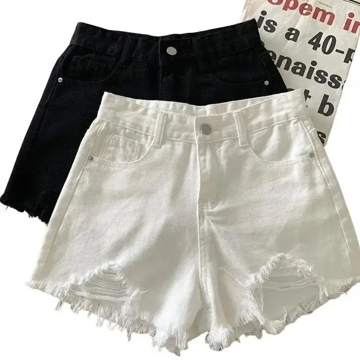 Quần short kaki rách nhỏ 2 đường lưng cao ống rộng nữ/ Quần đùi rách tua rua ống rộng 2 màu trắng đen mặc hè Women Nhung Pants Ong