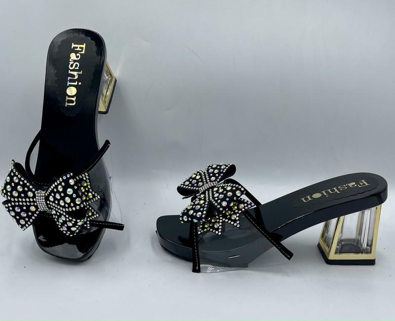  Guốc cao gót đế vuông pha lê trong suốt mũi hở 7cm đóng quai nhựa viền nhung đính quai nơ xoàn lấp lánh giày cao gót dự tiệc dạo phố đi chơi 