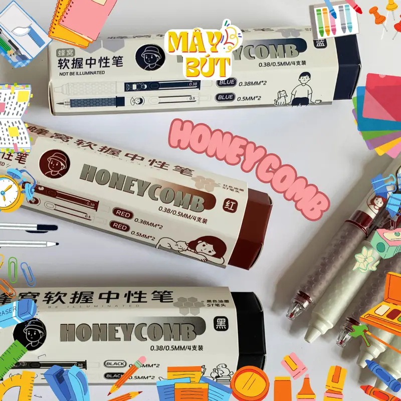 Combo 1 Hộp 4 Cây Taco Taco: HoneyComb Kết Cấu Tổ Ong Đệm Tay Êm Ái (0.38mm, 0.5mm) - Màu , Đen, Đỏ  but gel  bi 0