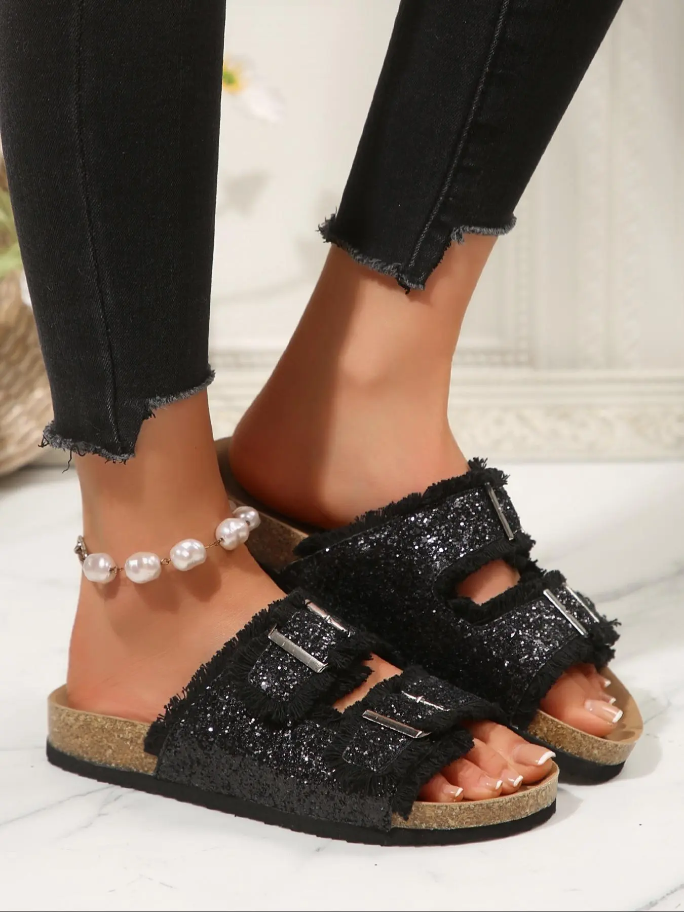 Women's Fashionable Glitter Decorated Platform Sandals, Casual Adjustable Ankle Strap Wedge Sandals for Summer, Lightweight Breathable Comfortable Shoes for Daily Wear, Girl