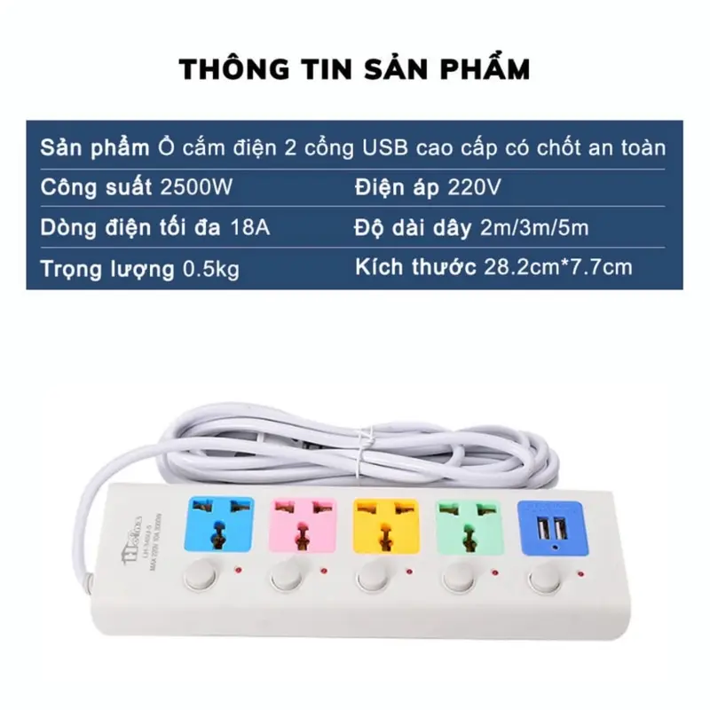Ổ Cắm Điện USB Đa Năng Cao Cấp Chống Giật Dây Dài 2m Và 4m 2 Cổng Cắm USB Có Chốt An Toàn Tiện Dụng OD01 2