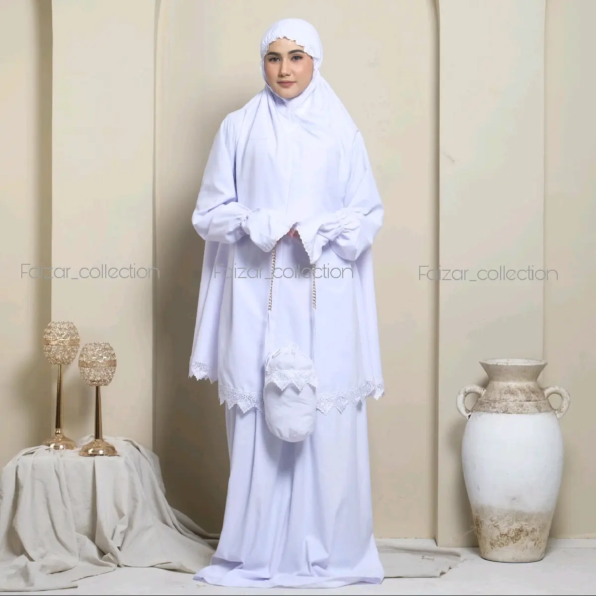 Mukena Dewasa Stelan Berlengan Umroh Dan Haji Katun Premium Haji Muslim Putih