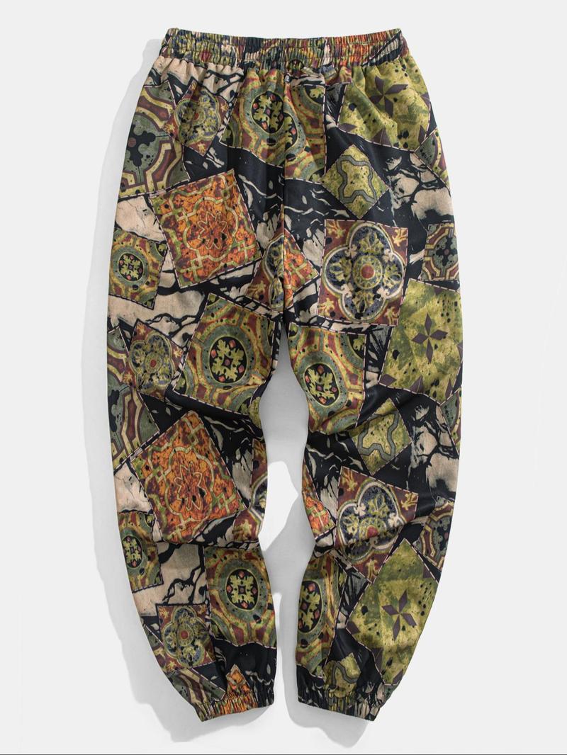 Product Introduction of Men's Ethnic Pattern Drawstring Waist Pants, Casual Comfy Trousers for Summer, Fashion Men's Bottoms for Daily Wear 6