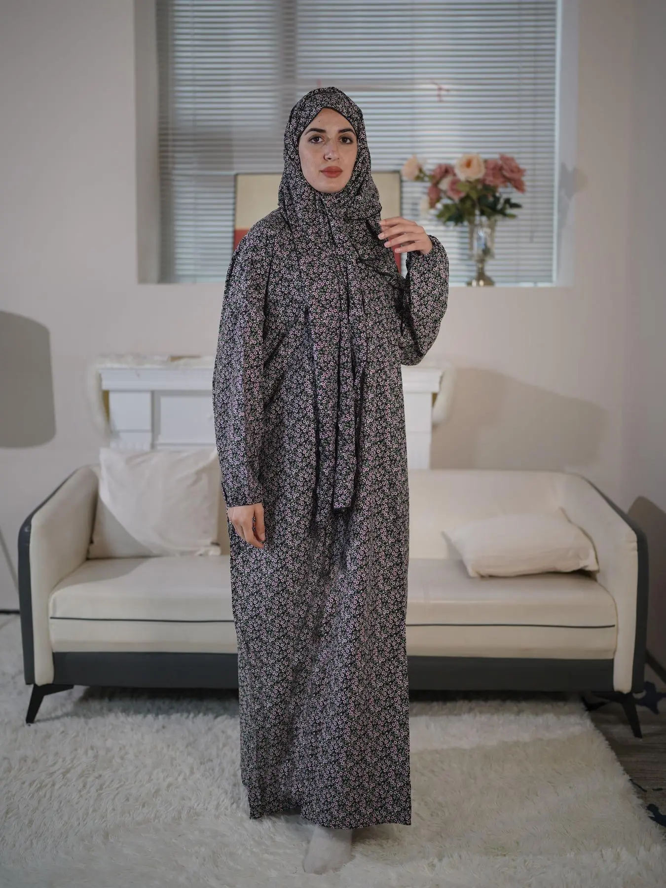 Women's Ditsy Floral Print Long Sleeve Arabian Abaya Dress with Hijab, Modest Casual Zipper Long Dress for Daily Wear, Muslim Clothing for All Seasons