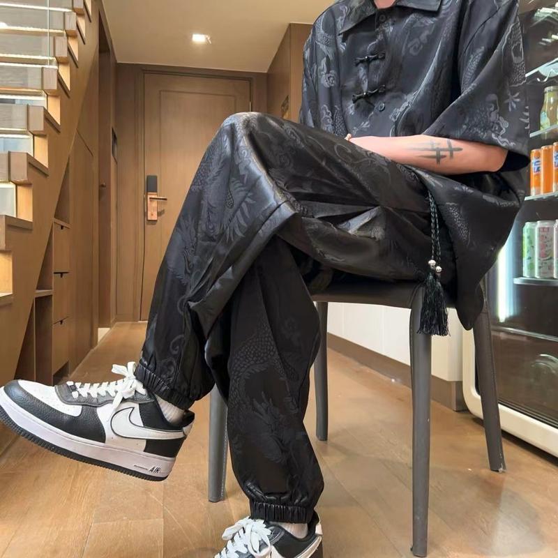 Product Introduction of Chinese Style Dragon Pattern Jacquard Men's Short Sleeve Top & Pants Set - New Asian Trendy Loose Straight & Tapered Outfit |     Summer Breathable Comfort 6