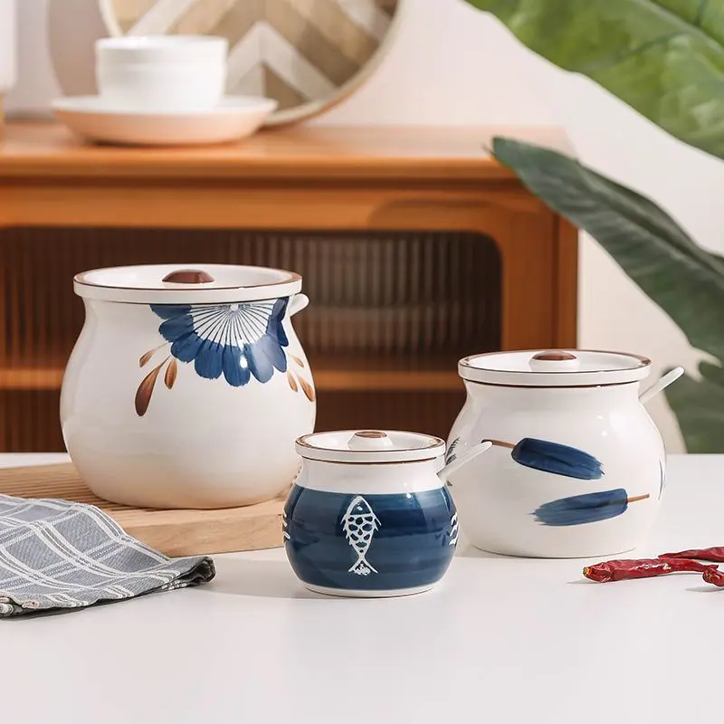 Lard Jar Household Ceramic High Temperature Resistant Meat Oil Jar Chili Oil Special Jar Kitchen Seasoning Bottle Jar with Lid Spoon airtight  cookies  container  set