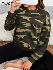 YOZY Women's Camo Print Drop Shoulder Sweatshirt, Casual Long Sleeve Round Neck Pullover for Fall & Winter, Ladies Clothes for Daily Wear