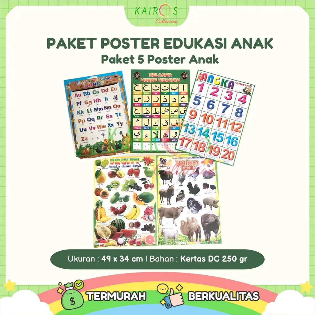 Paket 5 Poster Edukasi Anak Belajar Mengenal Huruf, Angka, Hijaiyah, Hewan dan Buah Karton Sekolah Stationery